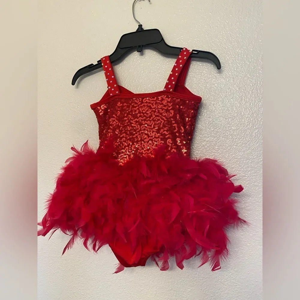 Competition Solo Dance Costume custom red feather sassy jazz MC-Medium child